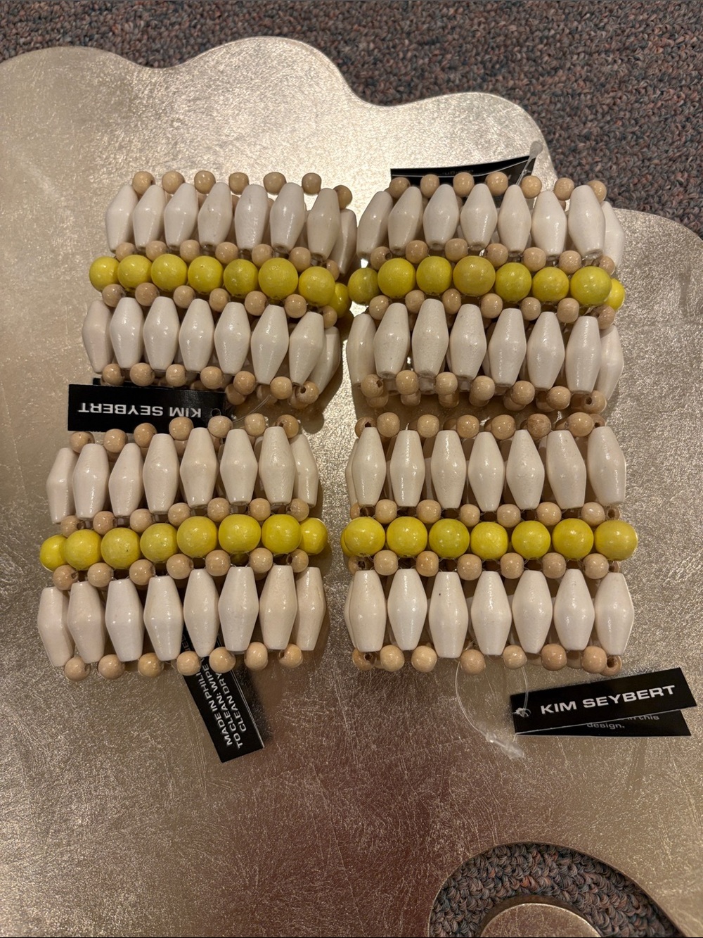 Kim Seybert White, Yellow & Natural Beaded Napkin Rings - Set of 4